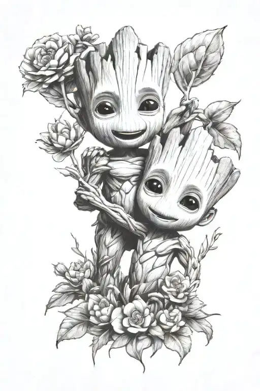 A Tattoo Of Baby Groot Playing Together In A Garden Of Flowers