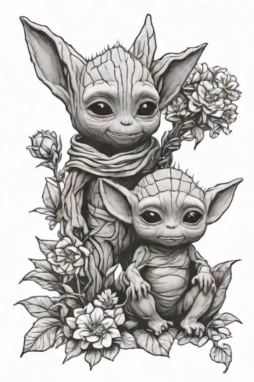 A Tattoo Of Baby Groot And Baby Yoda Playing Together In A Garden Of Flowers