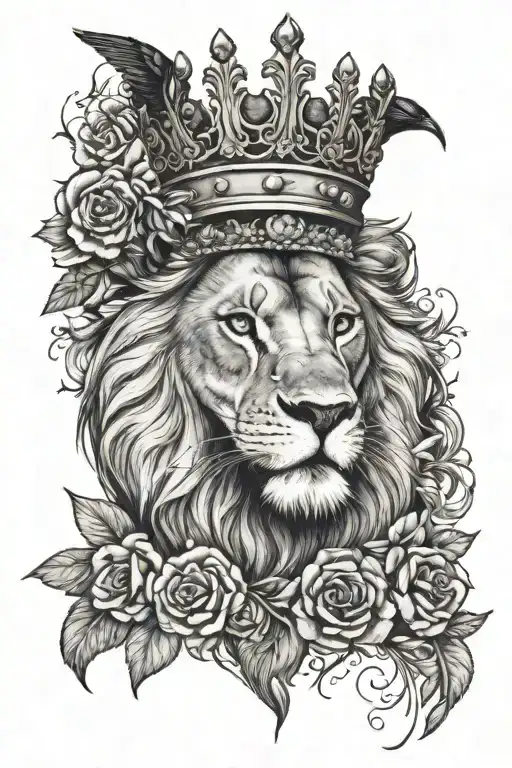 Lion Wearing A Crown With Flowers And Raven Perched