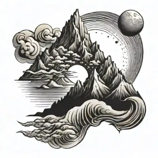 A Mountain With Sun And Moon Combined