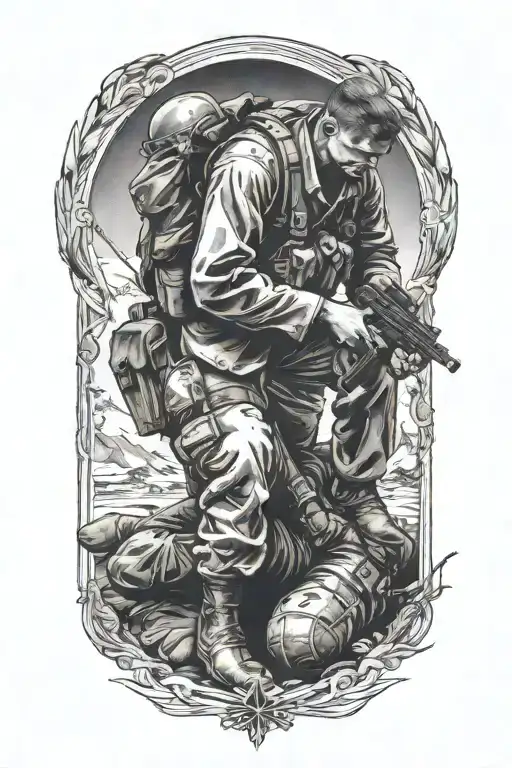 1 Soldier Kneeling Over A Wounded Comrade