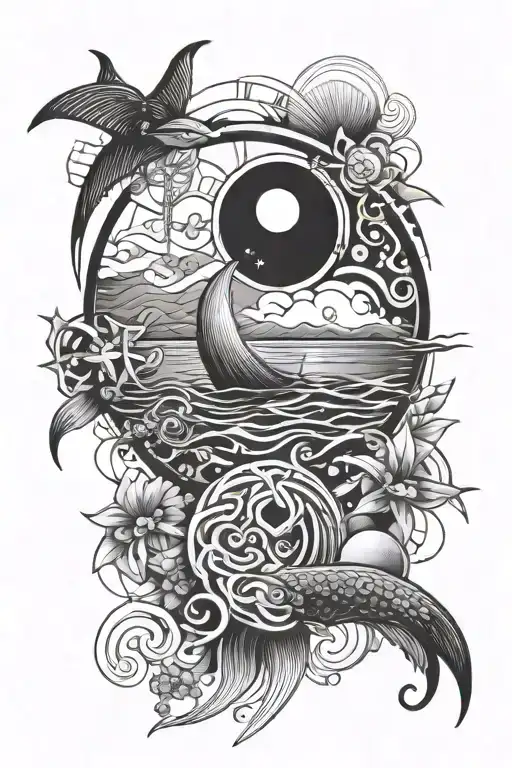 Ocean Themed With Geometric Design Incorporated As Well As The Sun