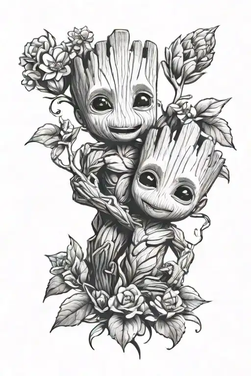 A Tattoo Of Baby Groot Playing Together In A Garden Of Flowers