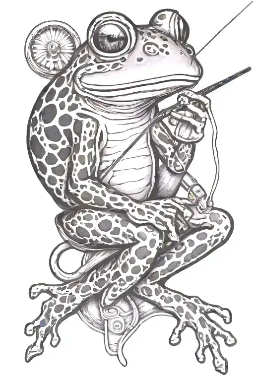 Frog Drinking Wine And Fishing Pole Resting