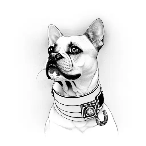 A Black And Grey Tattoo Of A Dog With A Camera Around Its Neck