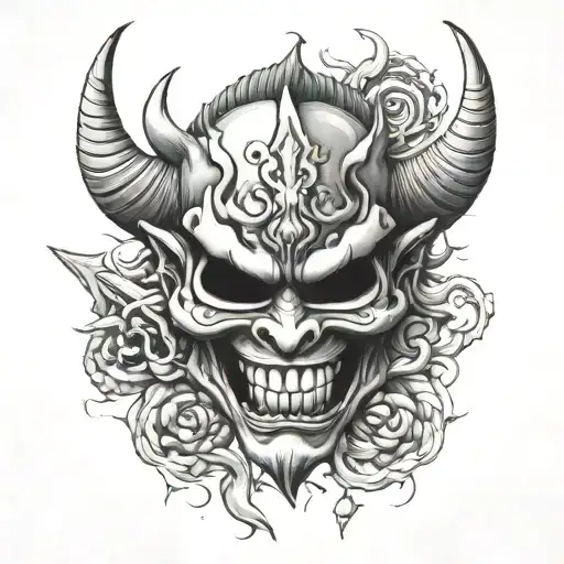 A Hannya Mask With A Dagger Piercing Through It And Skull Ornaments