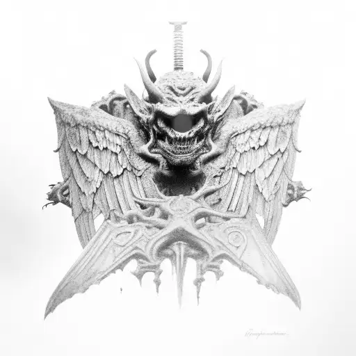 Big Black Gargoyle With Red Eyes And Large Wings Sitting On A Dark Fiery Decay Earth