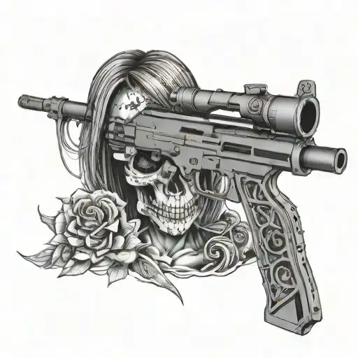 Skull W Gun Ak47 Outline With Girl