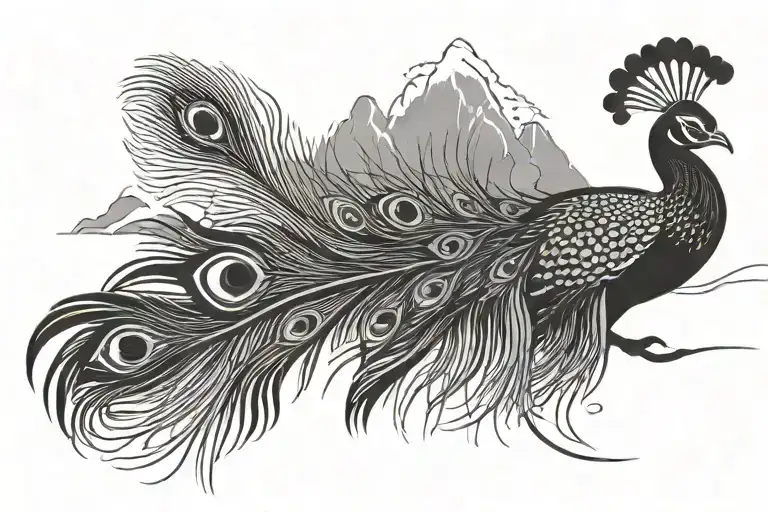 A Minimalist Peacock Feather Silhouette With A Mountain Range Backdrop