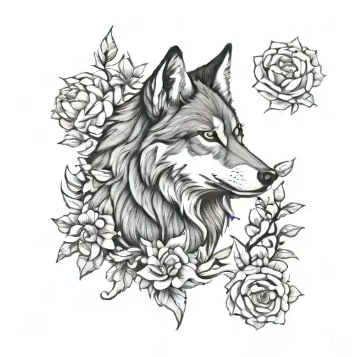 Wolf Surrounded By Flowers Intertwined