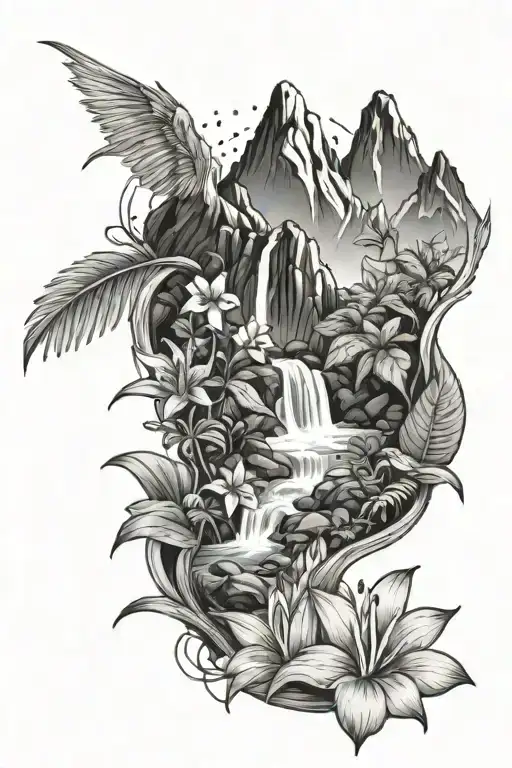 Mountain Peaks And Small Waterfall Surrounded By Tropical Flowers
