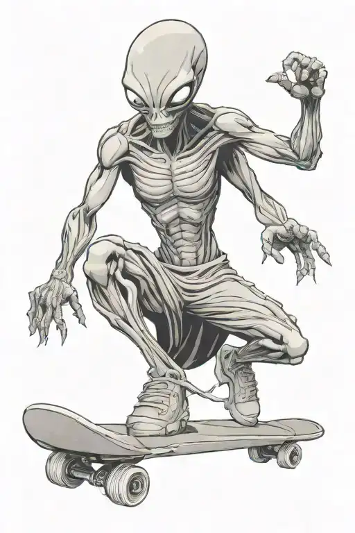 Alien With A Black T-shirt And Saggy Pants And A Skateboard