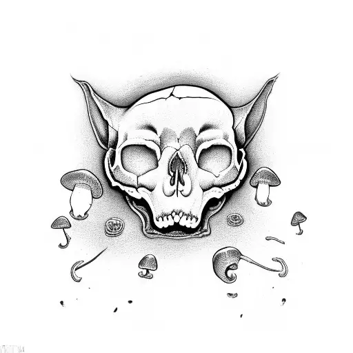 Cat Skull With Mushrooms Growing Out Of It