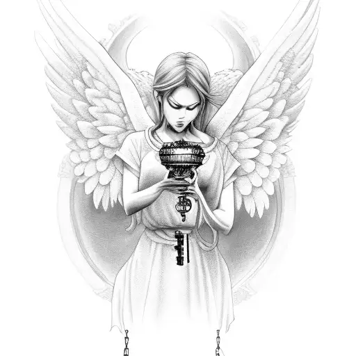 Angel Holding Key And Chained Dragon