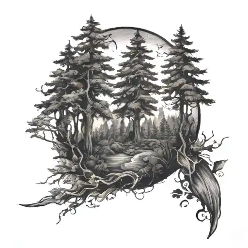 A Tattoo Of A Mysterious Forest Scene With Hidden Clues Related To Criminology
