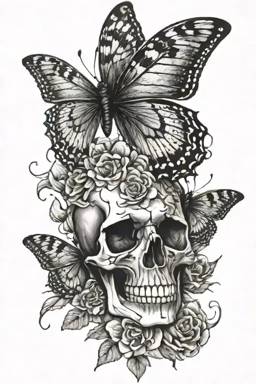 Skull Butterfly With Flowers