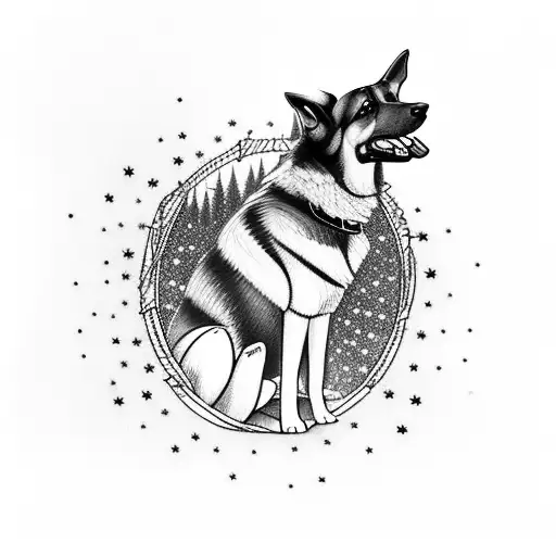 A German Shepherd Silhouette Sitting Under A Tree With Fireflies Illuminating The Night Sky