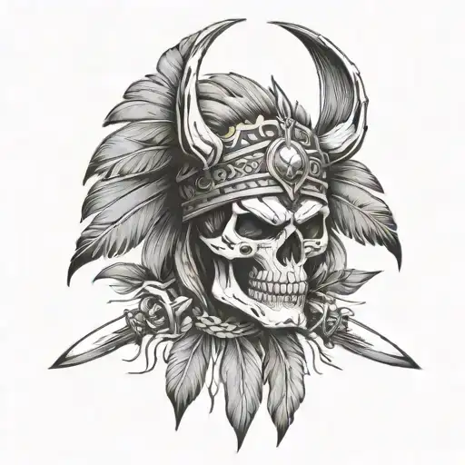 Skull With Wolf Headdress With Spears Crossed Behind