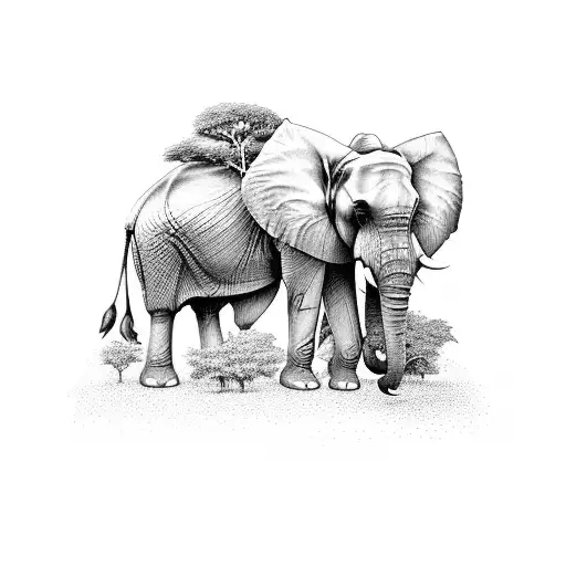 Two Elephants Under A Tree In The Shape Of Africa