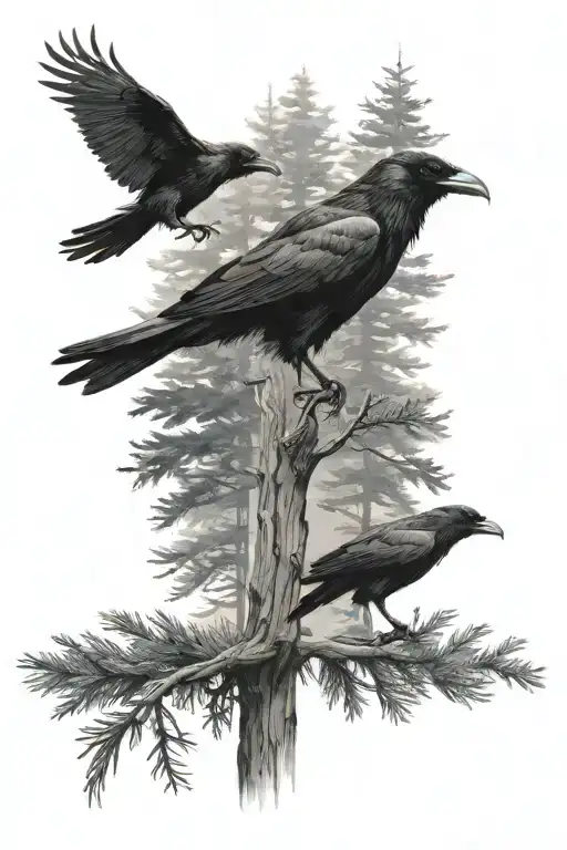 A Tall Fir Tree With Two Ravens Perched