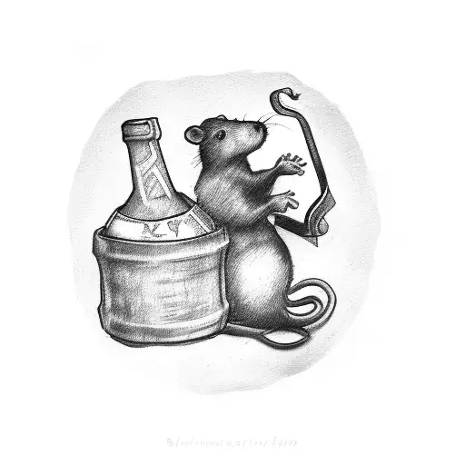 A Black And Grey Sketch Of A Wine Bottle With A Rat Silhouette As The Label