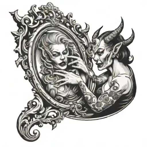 A Woman Looking In To A Grand Mirror With A Demon Coming Out Of It
