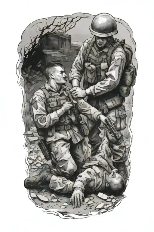 1 Soldier Standing Over A Wounded Comrade Laying On The Ground