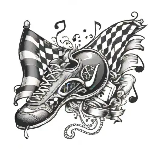 Incorporate Musical Notes Into A Racing Flag Design With Baby Footprints In The Background
