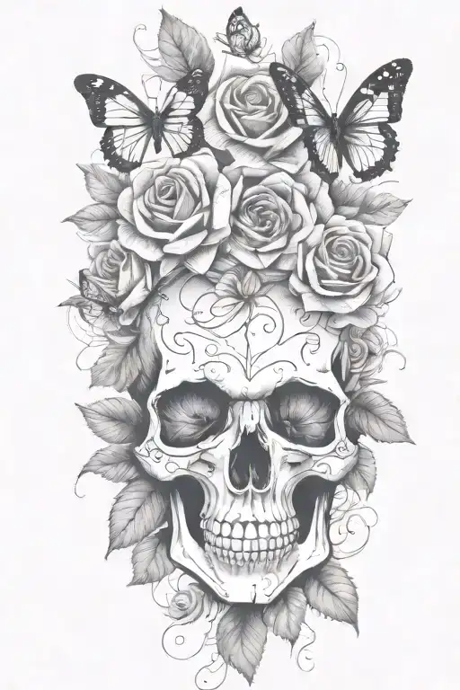 Roses Skull Butterflies Sunflowers Under Skull