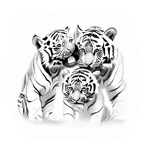 One Tiger Father And Two Baby Tigers Kissing