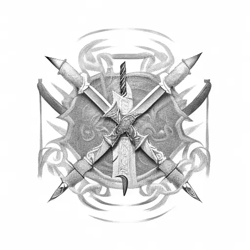A Black-grey Tattoo Of A Historical Nordic Sword With Siglo Xv Motifs Intertwined Within The Blade