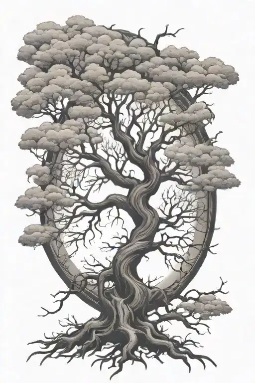 Tree Of Life With Roots And Half No Leaves Growing