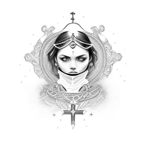 A Black And Grey Portrait Of The Girl With Religious Symbols Incorporated Into The Background