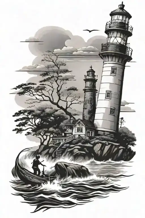 Light House With Father Son Fishing Scene