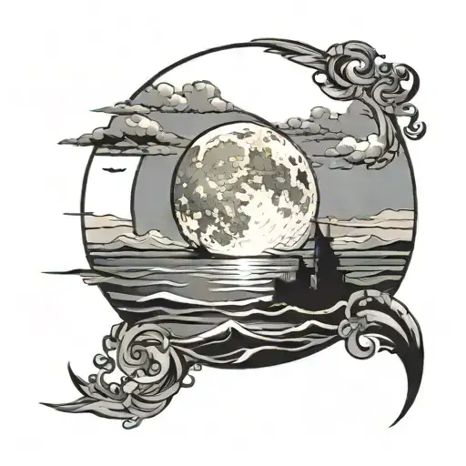 Silhouette Of The Moon With The Sea