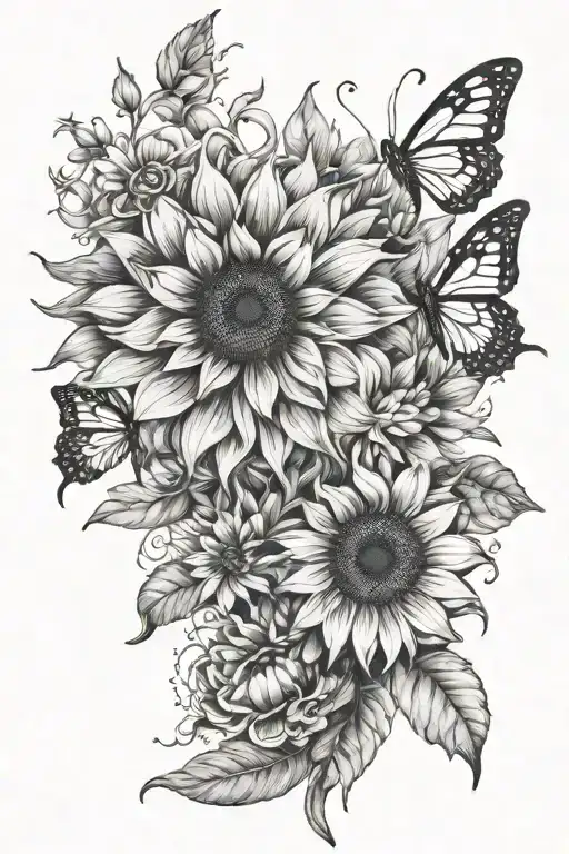 Sunflower And Butterflies And Flowers
