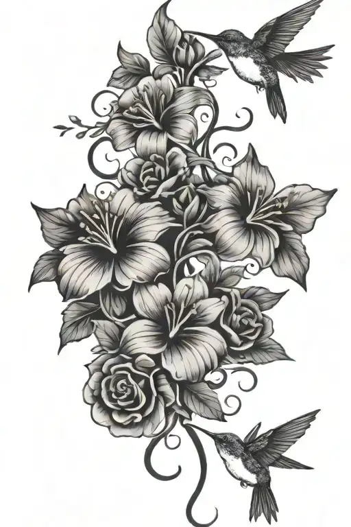 Vine With Flowers Wrapping Around Wrist With Twohummingbirds In Between