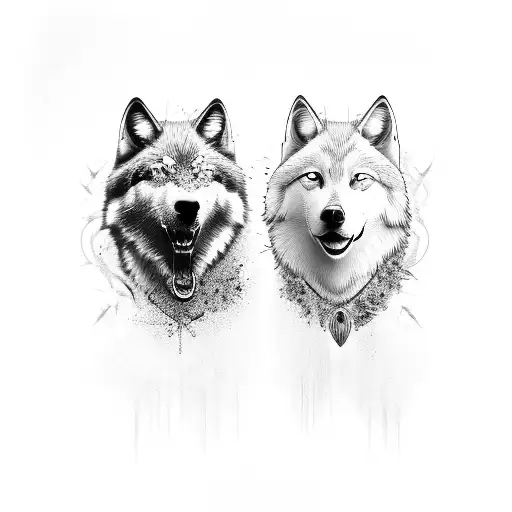 One White Wolf And One Black Wolf Smilling Happy Together Beautiful