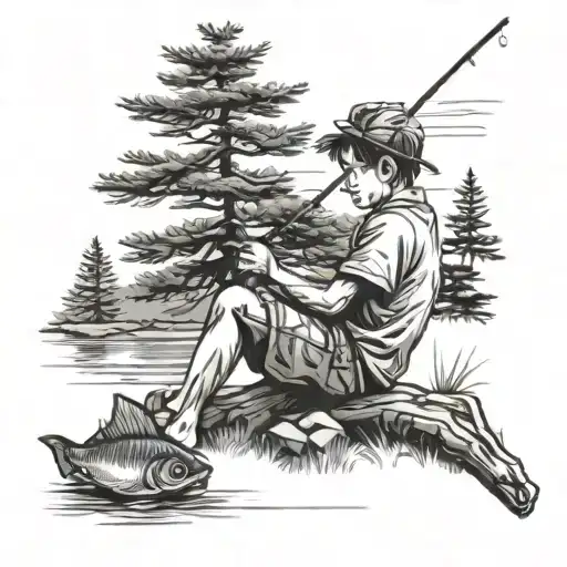 Boy Sitting Under Pine Tree Fishing