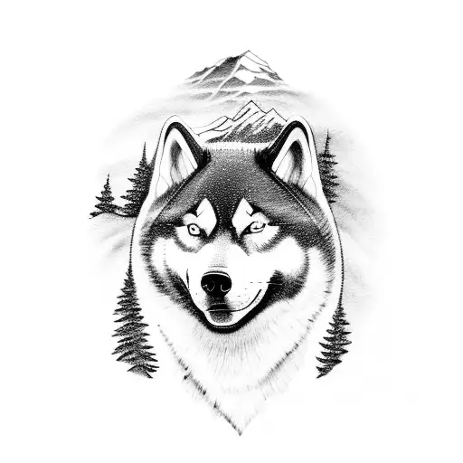 A Black-grey Tattoo Of A Nature Scene With Mountains And A Husky