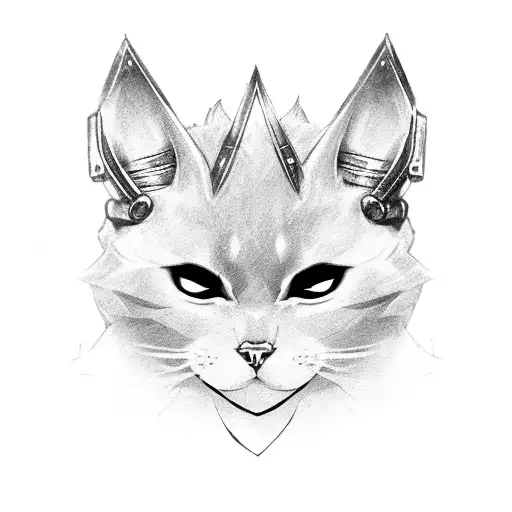 A Black And Grey Portrait Of A Cat Dressed As A League Of Legends Character
