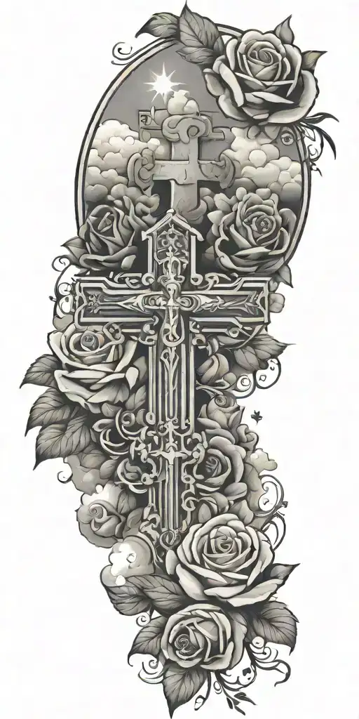 Clouds And White Stars And Doves And A Rose And A Catholic Cross