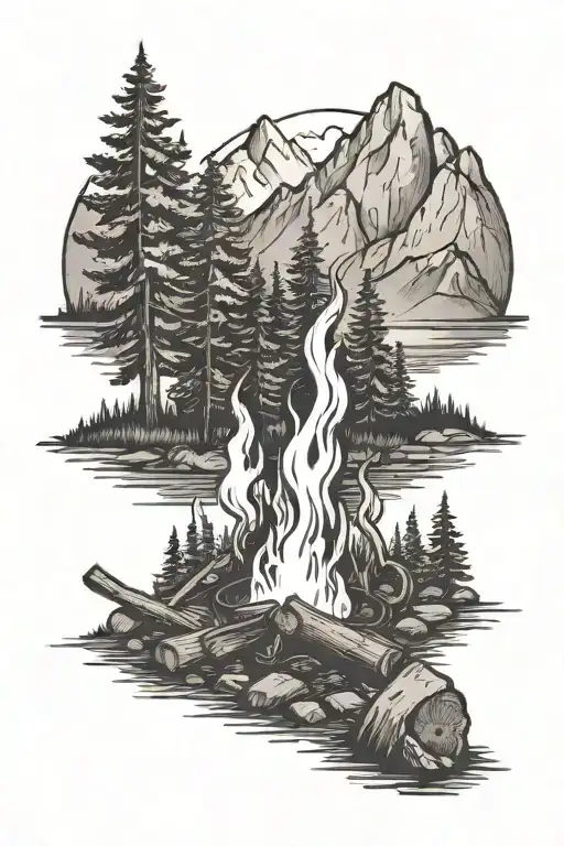 Campfire Surrounded By Trees And Mountain Range