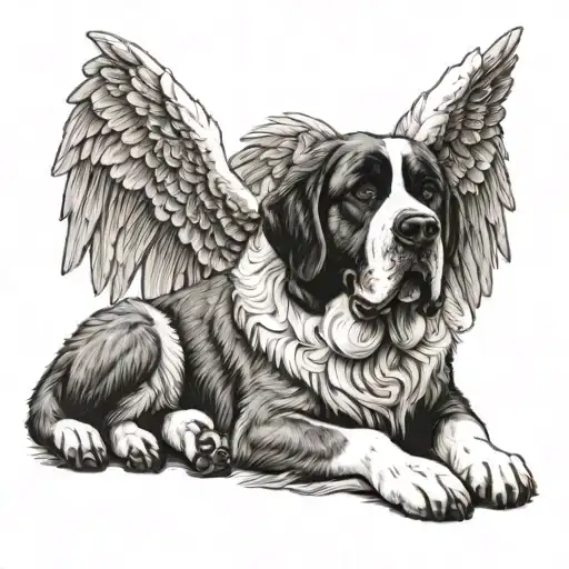 Saint Bernard Sitting With Angel Wings Spread Wide