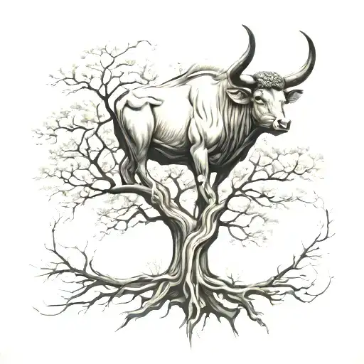 Tree With Taurus Bull In Tree
