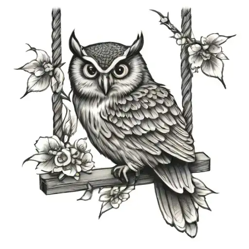 Owl On Swing With Japanese Cherry Branch