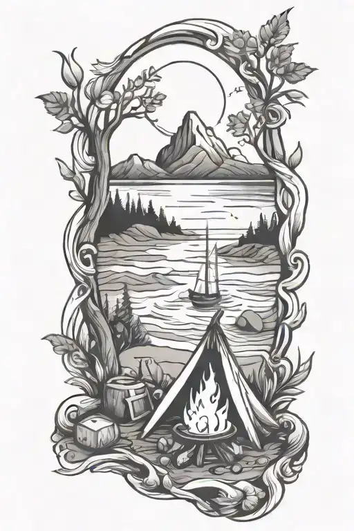 Coastal Beach With Campfire Scene