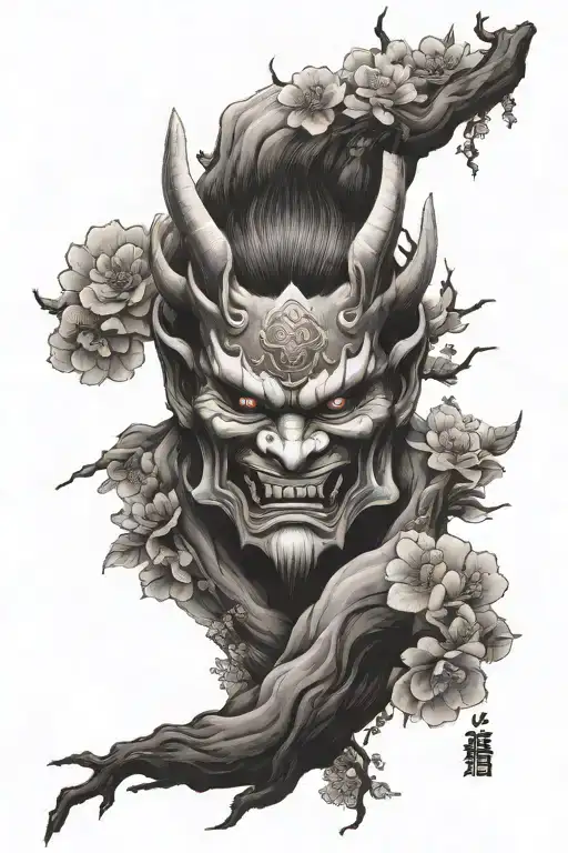 Oni Mask Surrounded By Cherry Blossom Tree And Japanese Temples On A Mountain