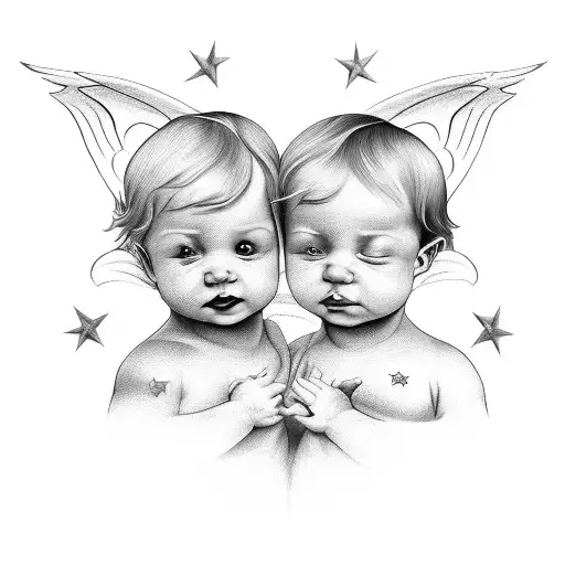2 Baby Angels With The Gemini Star Above Them