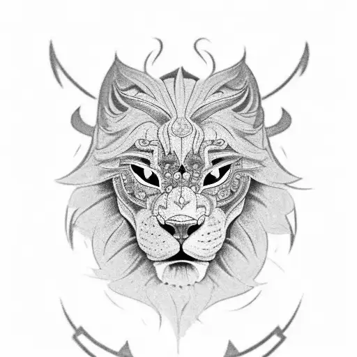 An Intricate Black And Grey Tattoo Of A Motorcycle With A Roaring Lion's Head As The Engine